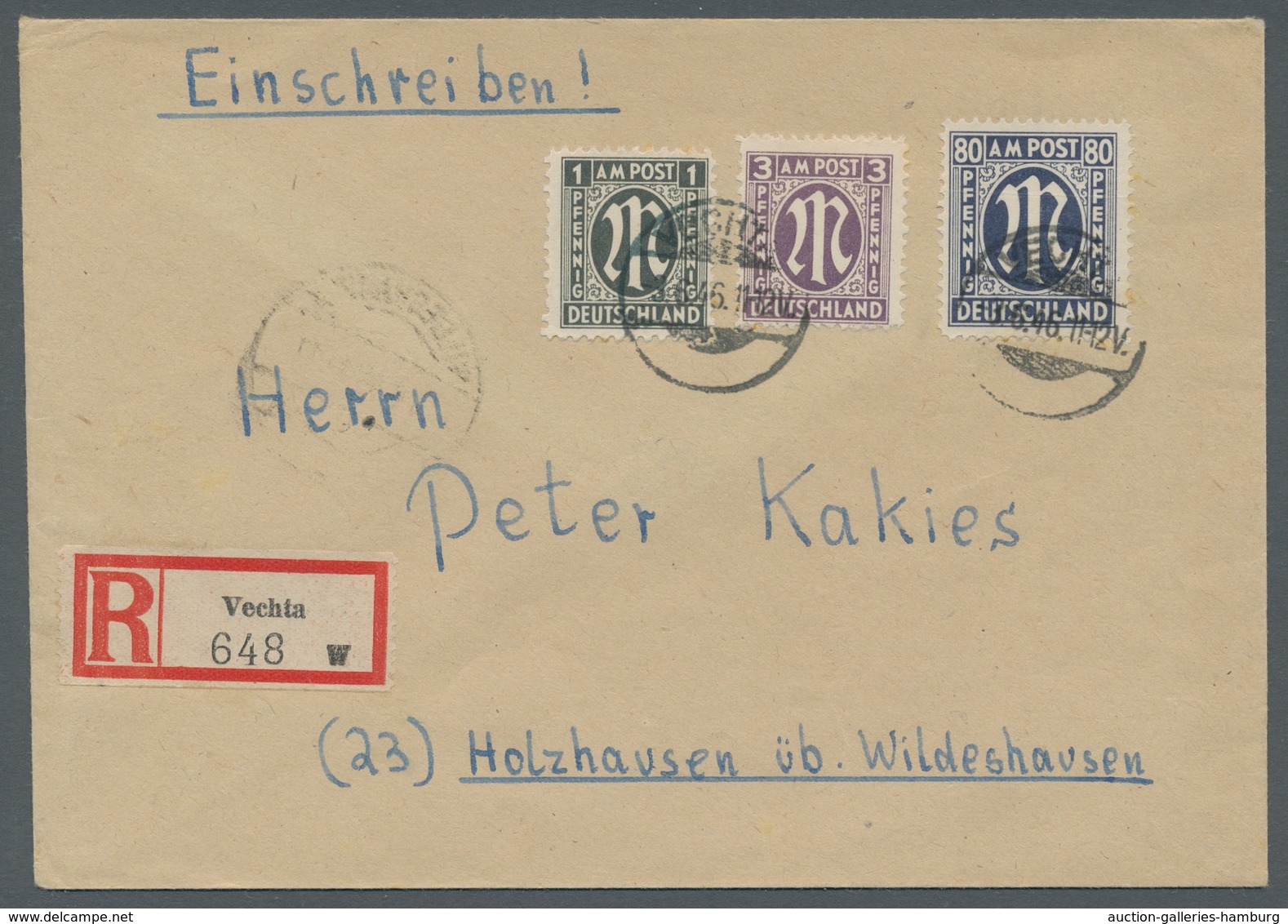 Bizone: 1945, AM-Post Deutscher Druck 80 Pfennig Als Attraktive Mischfrankatur Mit Zwei Weiteren AM- - Other & Unclassified