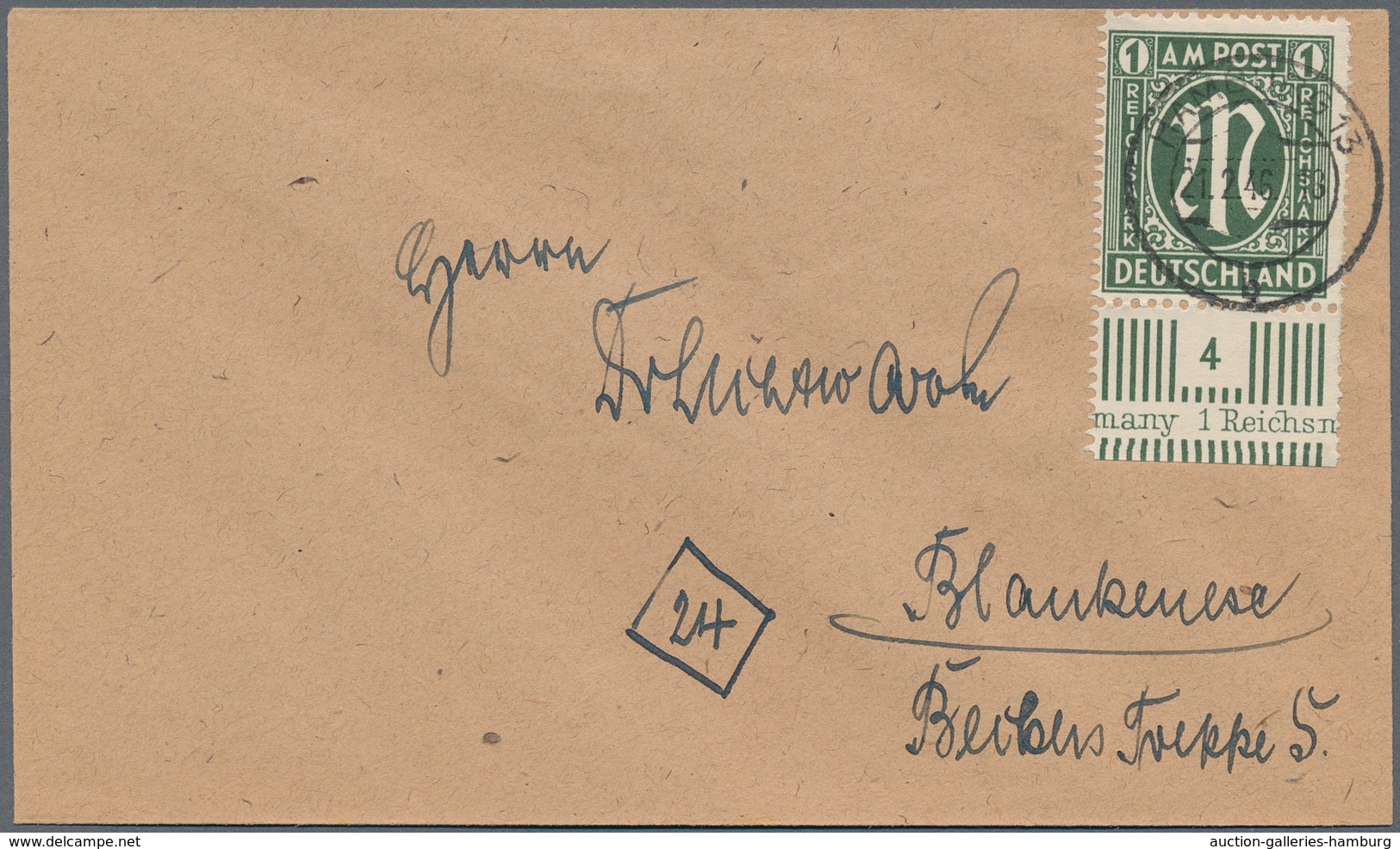 Bizone: 1945, 1 RM AM-Post Vom Unterrand (Reihennummer 1 - 4) Gestempelt "HAMBURG" Je Auf 4 Adressie - Other & Unclassified