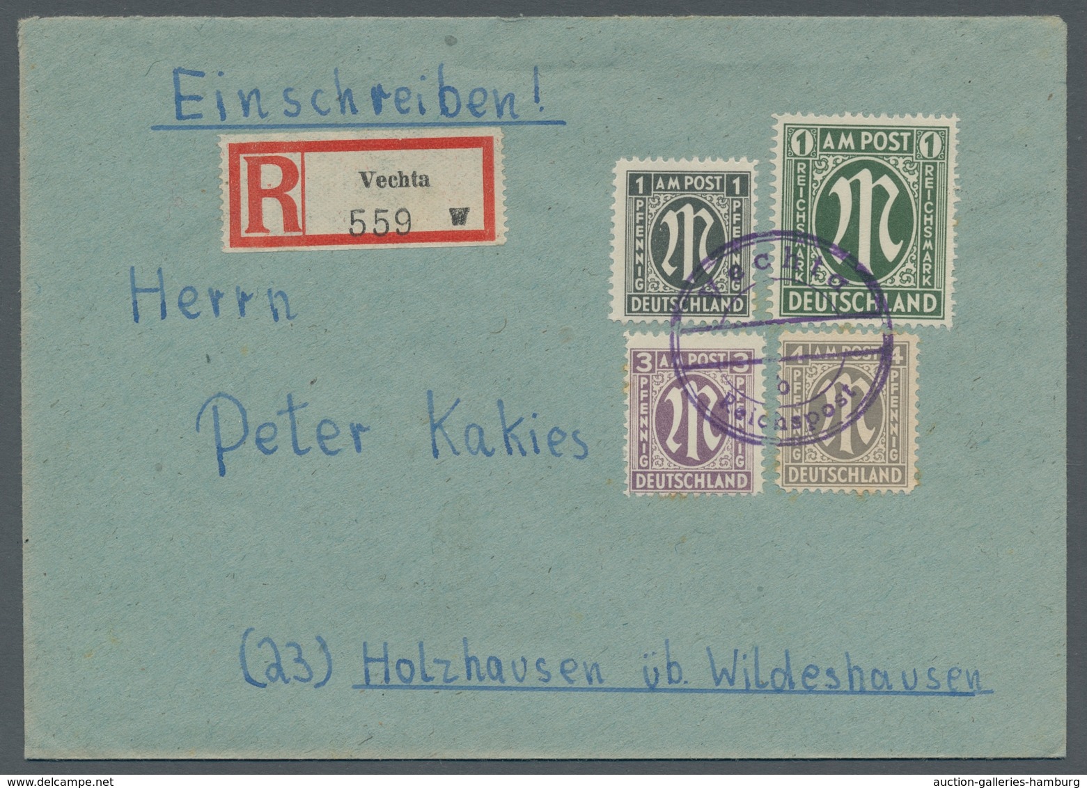 Bizone: 1945, AM-Post Deutscher Druck 1 Mark Als Besonders Attraktive Mischfrankatur Mit Drei Weiter - Andere & Zonder Classificatie