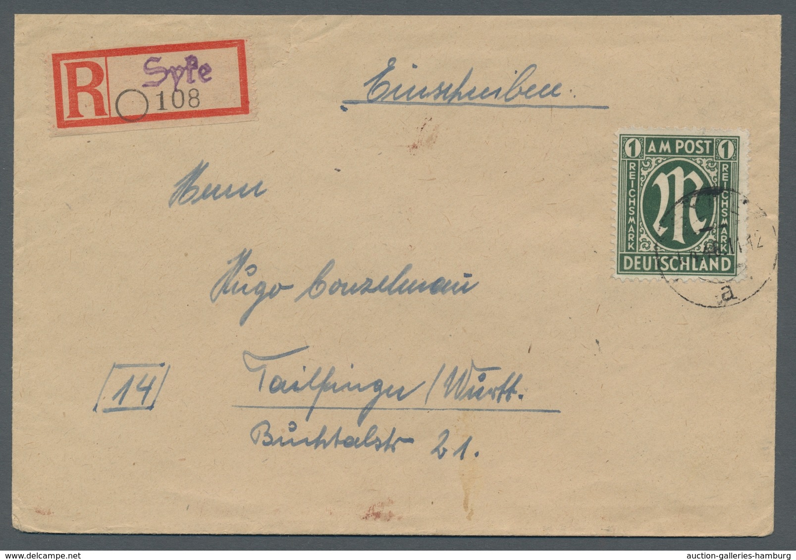 Bizone: 1946, "1 Mk. Deutscher Druck", Sauber SYKE A -1.4.46 Gestempelter Wert Auf überfrank. R-Brie - Autres & Non Classés