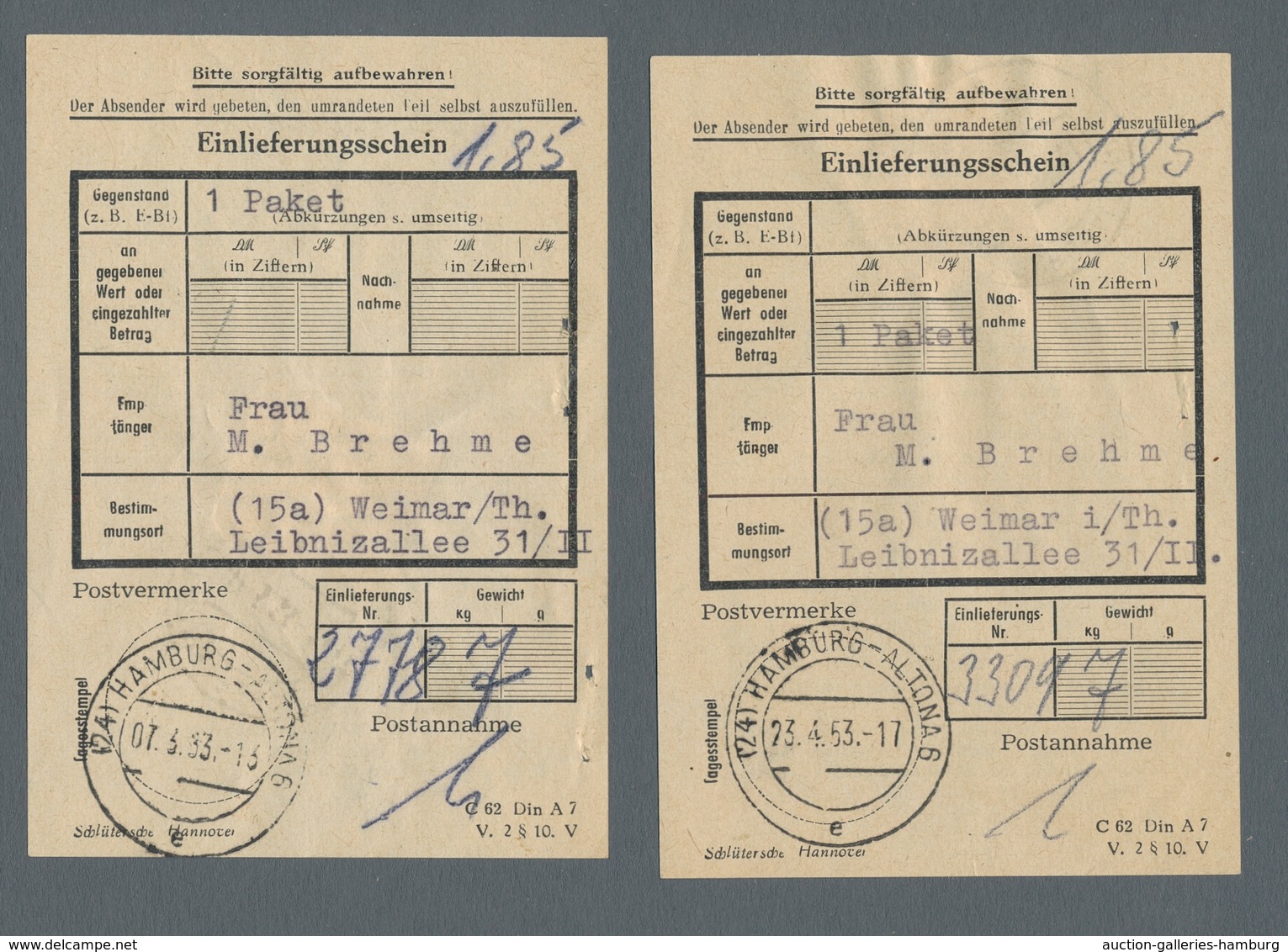 Bizone: 1949-1953, Kleines Lot Von Vier Frankierten Einlieferungs-Scheinen, Dabei Zweimal Bauten Und - Otros & Sin Clasificación