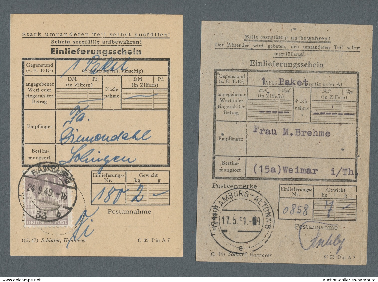 Bizone: 1949-1953, Kleines Lot Von Vier Frankierten Einlieferungs-Scheinen, Dabei Zweimal Bauten Und - Autres & Non Classés