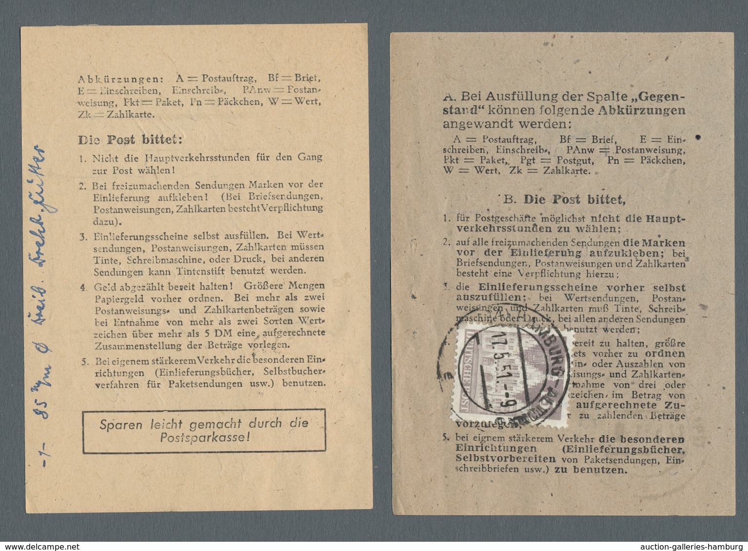 Bizone: 1949-1953, Kleines Lot Von Vier Frankierten Einlieferungs-Scheinen, Dabei Zweimal Bauten Und - Andere & Zonder Classificatie