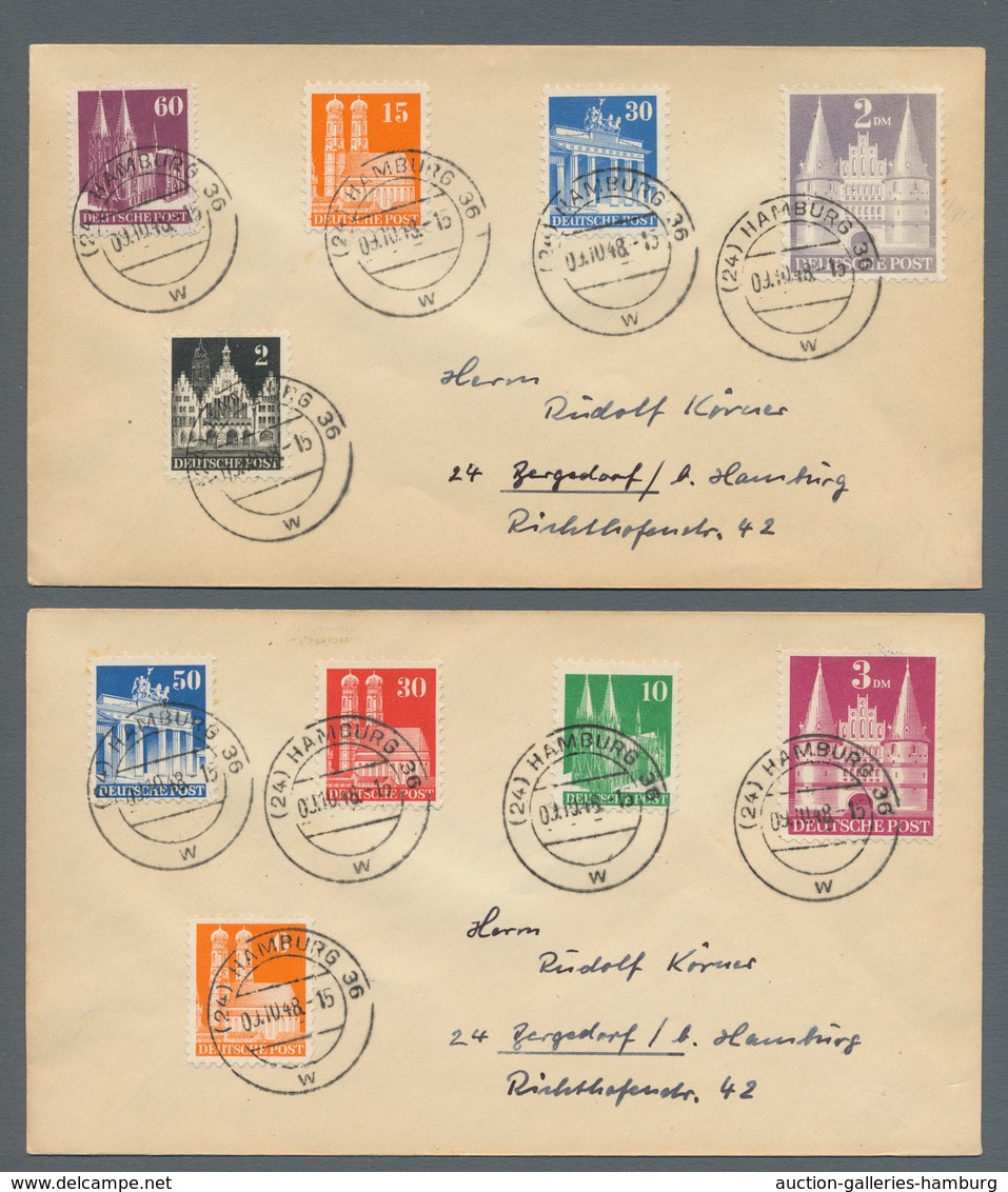 Bizone: 1948, "Bauten Weite Zähnung", Kompletter Satz Inkl. Markwerte Auf Fünf Sammlerbriefen Von HA - Other & Unclassified