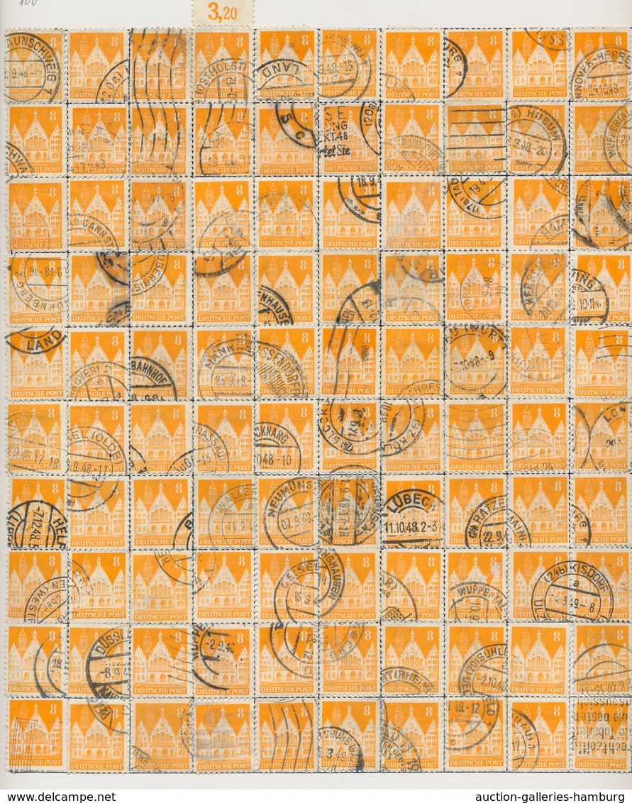 Bizone: 1948, Bauten 8 Pfennig Gelblichorange Weitgezähnt. Partie Von 1.600 Gestempelten Werten Als - Autres & Non Classés