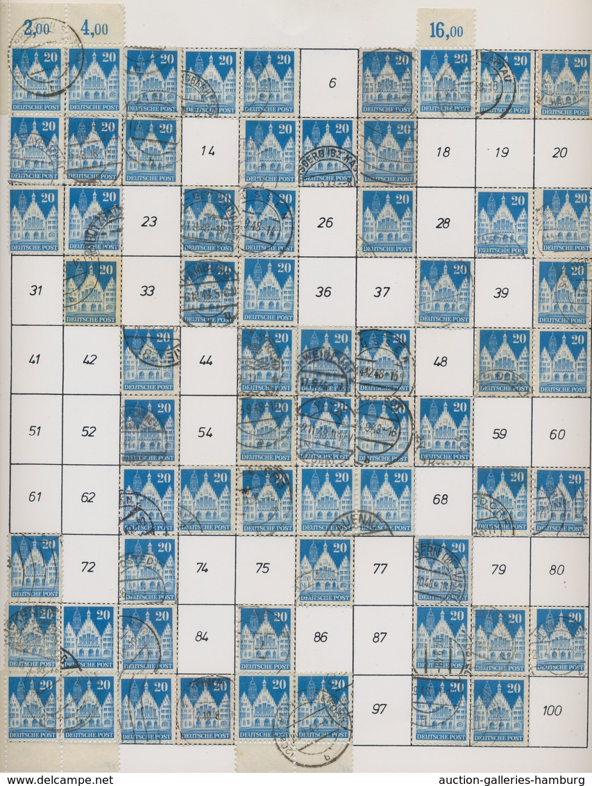 Bizone: 1948, Bauten 20 Pfennig Mittel- Bis Lebhaftblau Weitgezähnt. Partie Von Etwa 920 Gestempelte - Autres & Non Classés