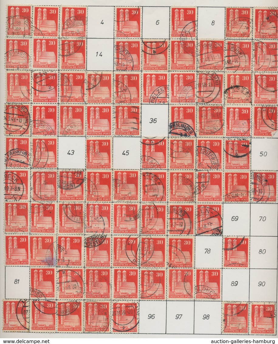 Bizone: 1948, Bauten 30 Pfennig mittelrot bis rot weitgezähnt. Partie von etwa 700 gestempelten Wert