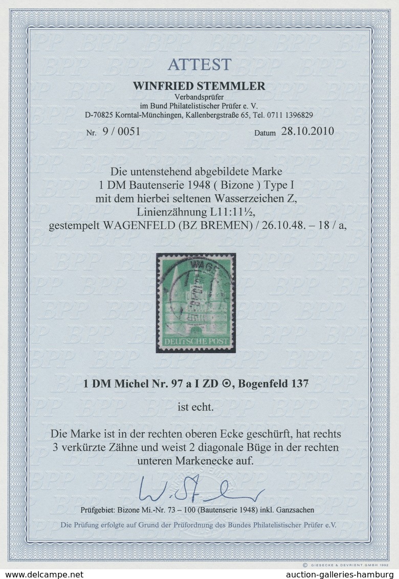 Bizone: 1948, Bauten 1 DM Weitgezähnt Entwertet "Wagenfeld (Bz Bremen) 26.10.48" In Der Farbe Mittel - Autres & Non Classés