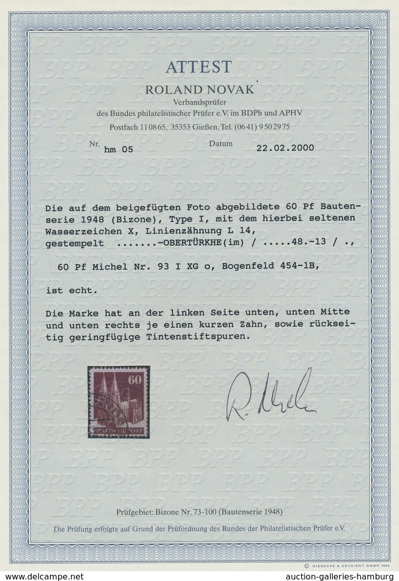 Bizone: 1948, Bauten 60 Pfennig Dunkelbraunlila Enggezähnt Entwertet "Obertürkheim ...48" In Type I - Autres & Non Classés