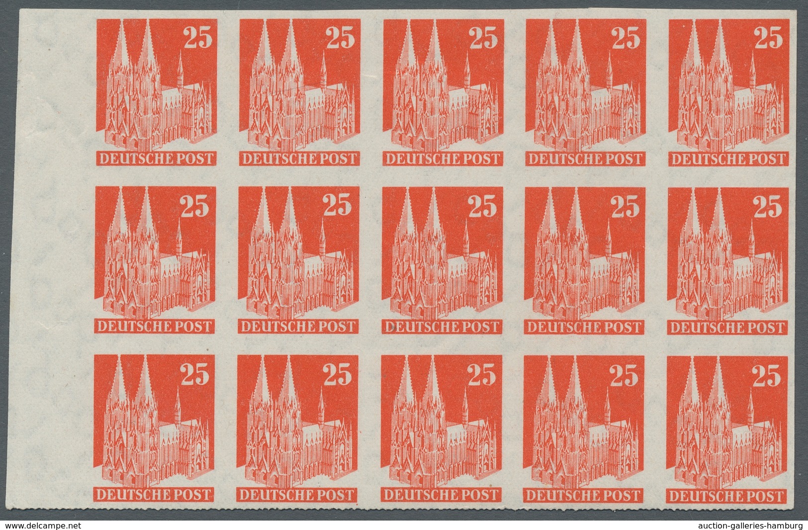 Bizone: 1948, 25 Pfennig Orangerot Im Ungezähntem Tadellos Postfrischem 15er Block Vom Linken Seiten - Autres & Non Classés