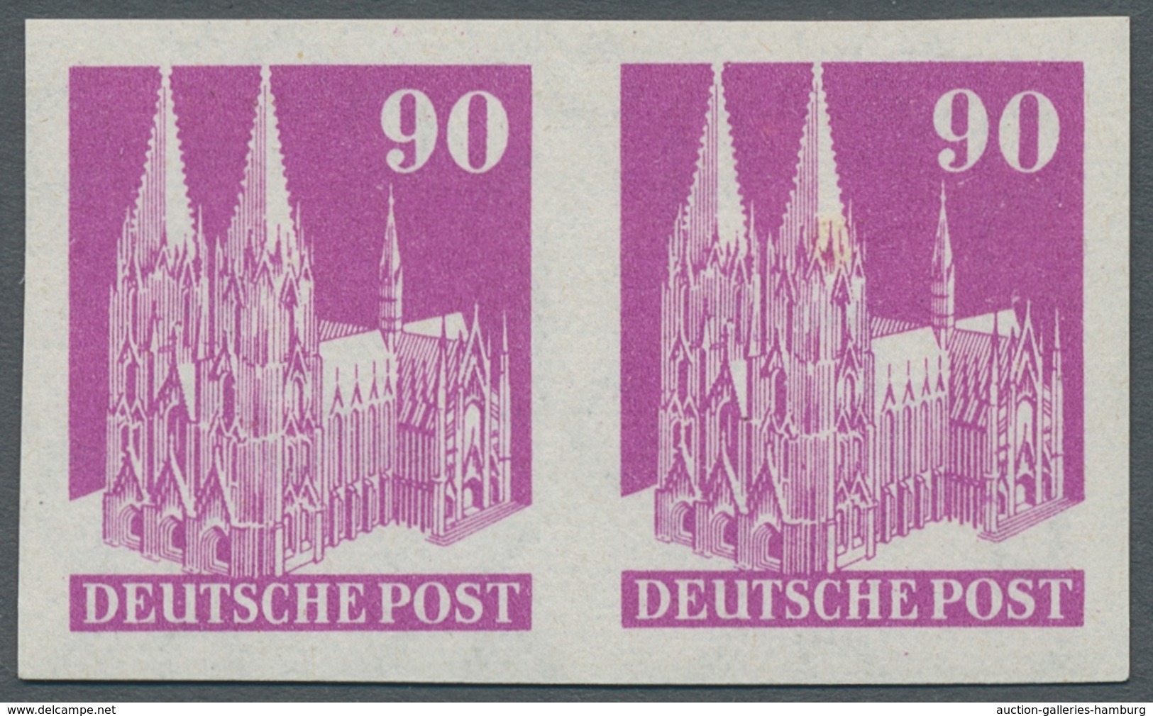 Bizone: 1948, Bauten 90 Pfennig Lilapurpur Ungezähnt Im Waagerechtem Paar Mit Altsignatur Wittmann. - Autres & Non Classés