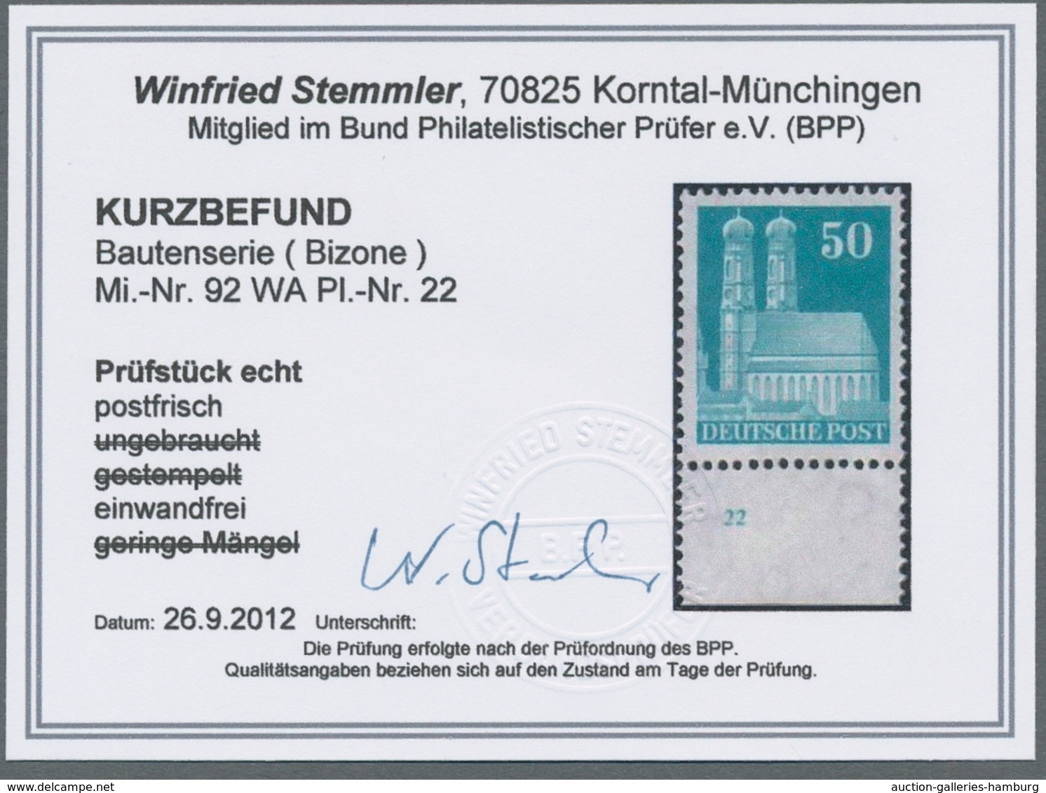 Bizone: 1948, Bauten 50 Pfennig Grünblau Enggezähnt Vom Ungefaltetem Unterrand Mit Plattennummer 22 - Autres & Non Classés