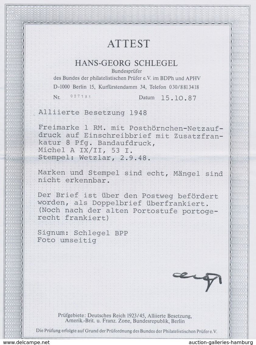 Bizone: 1948, 1 RM Ziffern Mit Netzaufdruck Und 8 Pf Bandaufdruck Auf R-Brief Ab "WETZLAR 2.9.48" Na - Autres & Non Classés