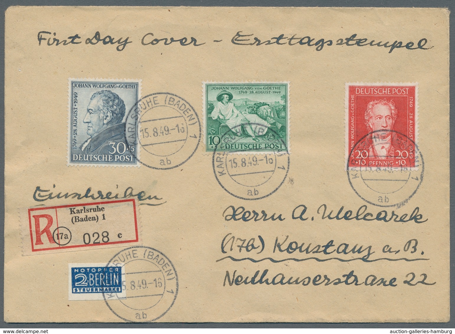 Bizone: 1949, "Goethe" Komplett Mit Ersttagsstempel KARLSRUHE 15.8.49 Auf R-Brief Nach Kosntanz In S - Autres & Non Classés