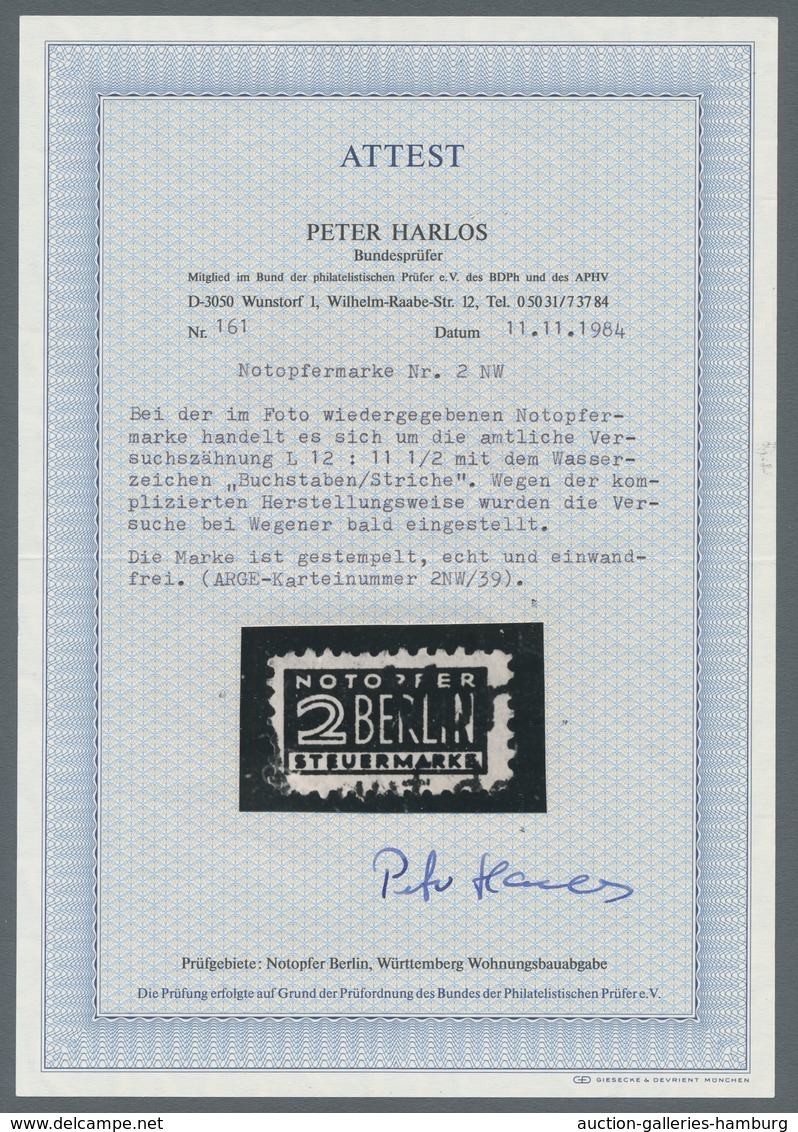 Bizone - Zwangszuschlagsmarken: 1948, Notopfer Berlin 2 Pfg. Type NW Mit Fotoattest Harlos BPP "echt - Sonstige & Ohne Zuordnung