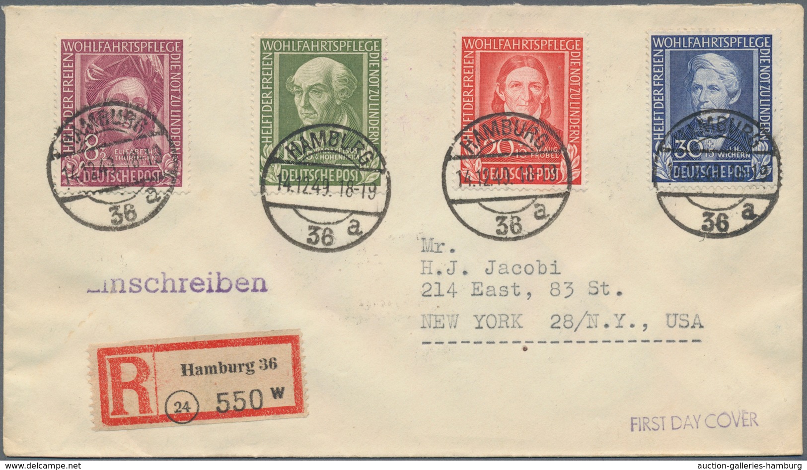 Bundesrepublik Deutschland: 1949, 8 Pf Bis 30 Pf „Helfer Der Menschheit” Auf R-Brief Ab Hamburg Am E - Sonstige & Ohne Zuordnung