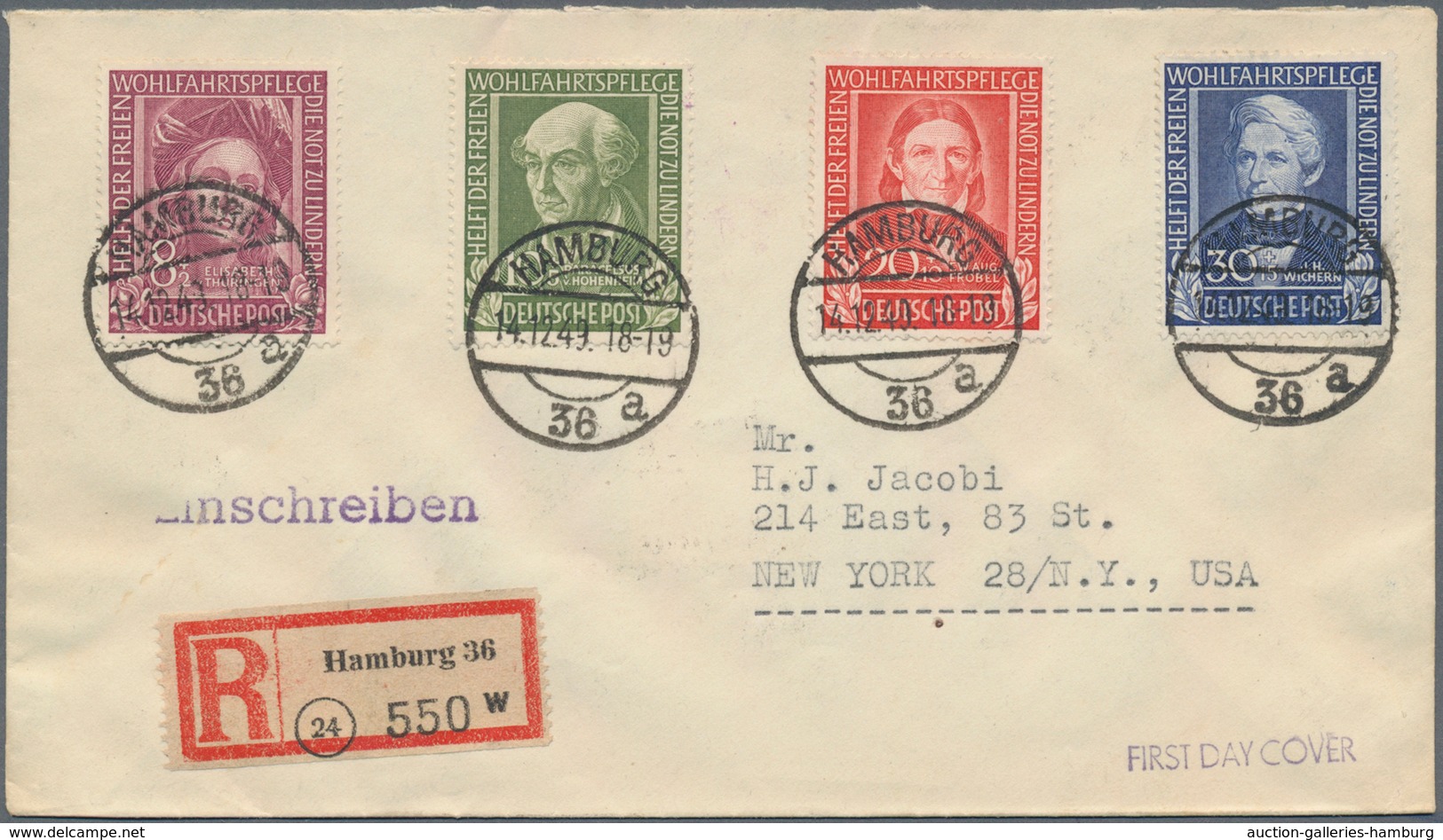 Bundesrepublik Deutschland: 1949, 8 Pf Bis 30 Pf „Helfer Der Menschheit” Auf R-Brief Ab Hamburg Am E - Andere & Zonder Classificatie