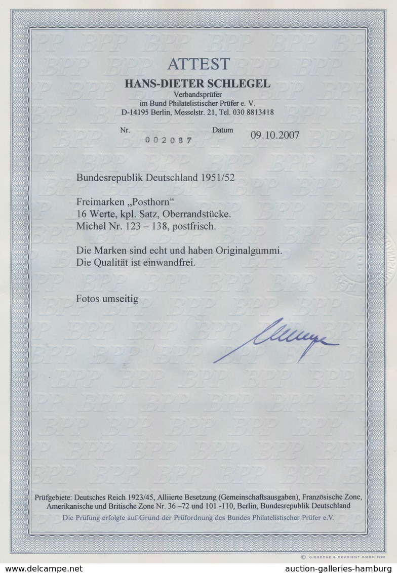 Bundesrepublik Deutschland: 1951, 2 Pfg. - 90 Pfg. Posthorn Als Postfrischer, Ungefalteter Oberrands - Sonstige & Ohne Zuordnung