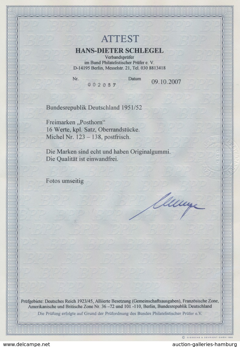 Bundesrepublik Deutschland: 1951, 2 Pfg. - 90 Pfg. Posthorn Als Postfrischer, Ungefalteter Oberrands - Autres & Non Classés