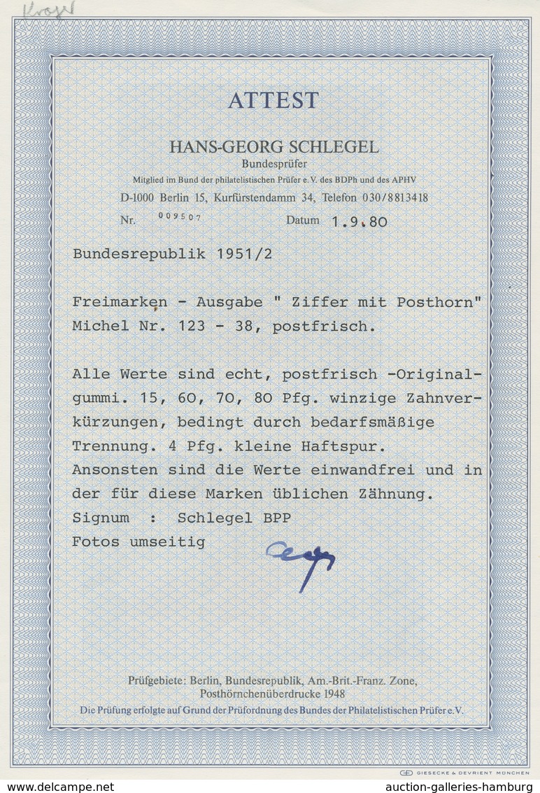Bundesrepublik Deutschland: 1951, Posthornsatz Postfrisch Mit Attest Schlegel "echt, Winzige Zahnver - Sonstige & Ohne Zuordnung