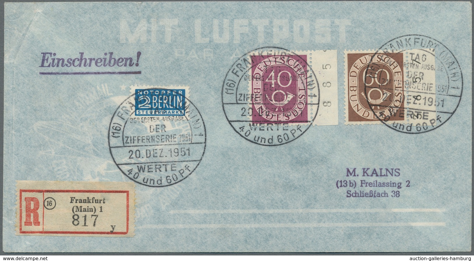 Bundesrepublik Deutschland: 1951, "Posthorn", kompletter Satz je Wert als Randwert (!!!) auf sechs E