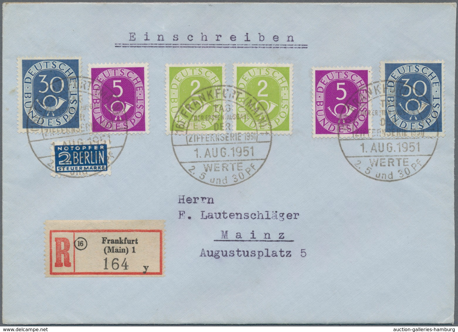 Bundesrepublik Deutschland: 1951, 2 Pf, 5 Pf Und 30 Pf Posthorn, Je Zweimal Auf Nicht Portogerechtem - Other & Unclassified