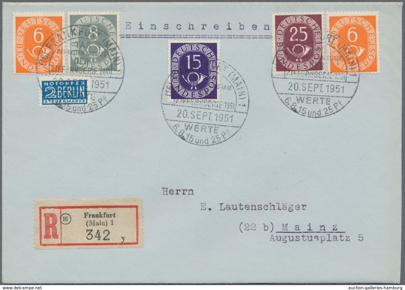 Bundesrepublik Deutschland: 1951, 6 Pf Zweimal, 8 Pf, 15 Pf Und 25 Pf Posthorn Portogerechtem Luxus- - Other & Unclassified