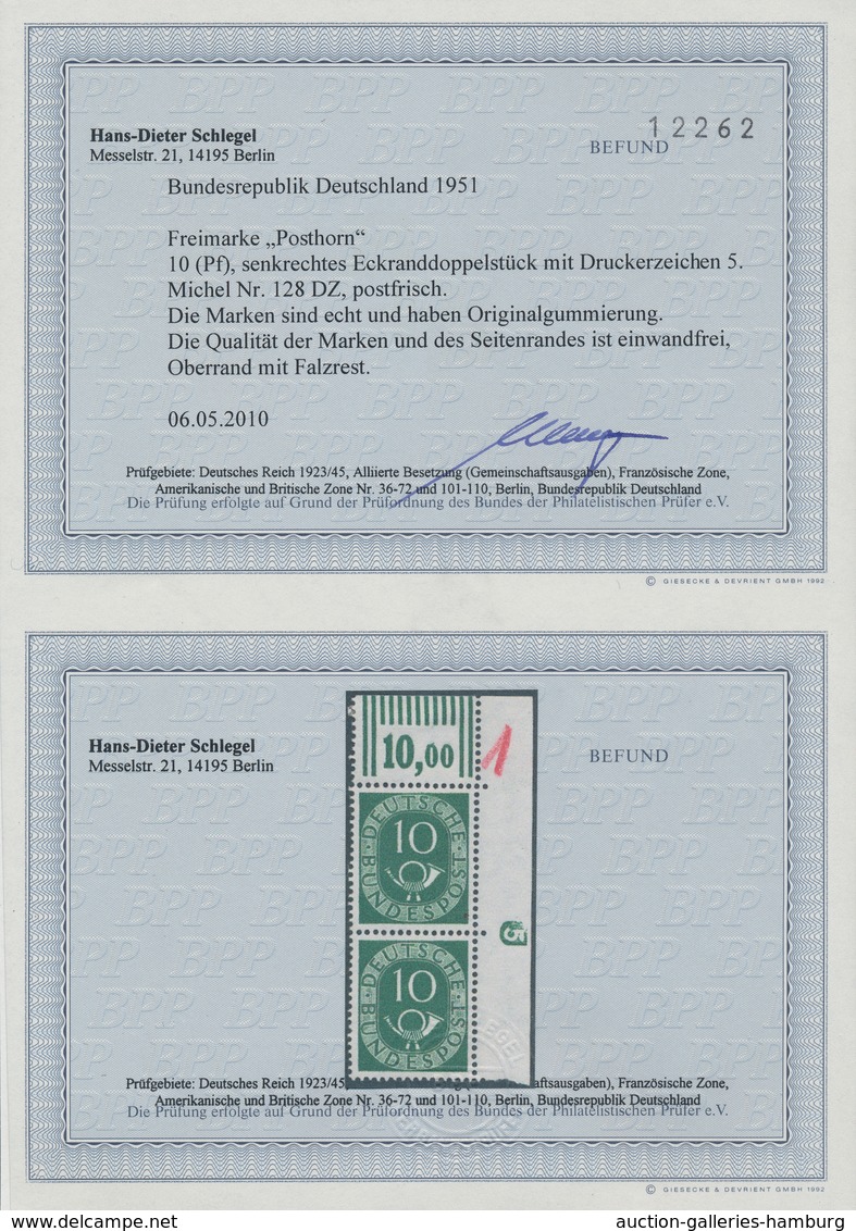 Bundesrepublik Deutschland: 1951, 10 Pf Posthorn Im Senkr. Paar Aus Der Rechten Oben Bogenecke Mit D - Sonstige & Ohne Zuordnung