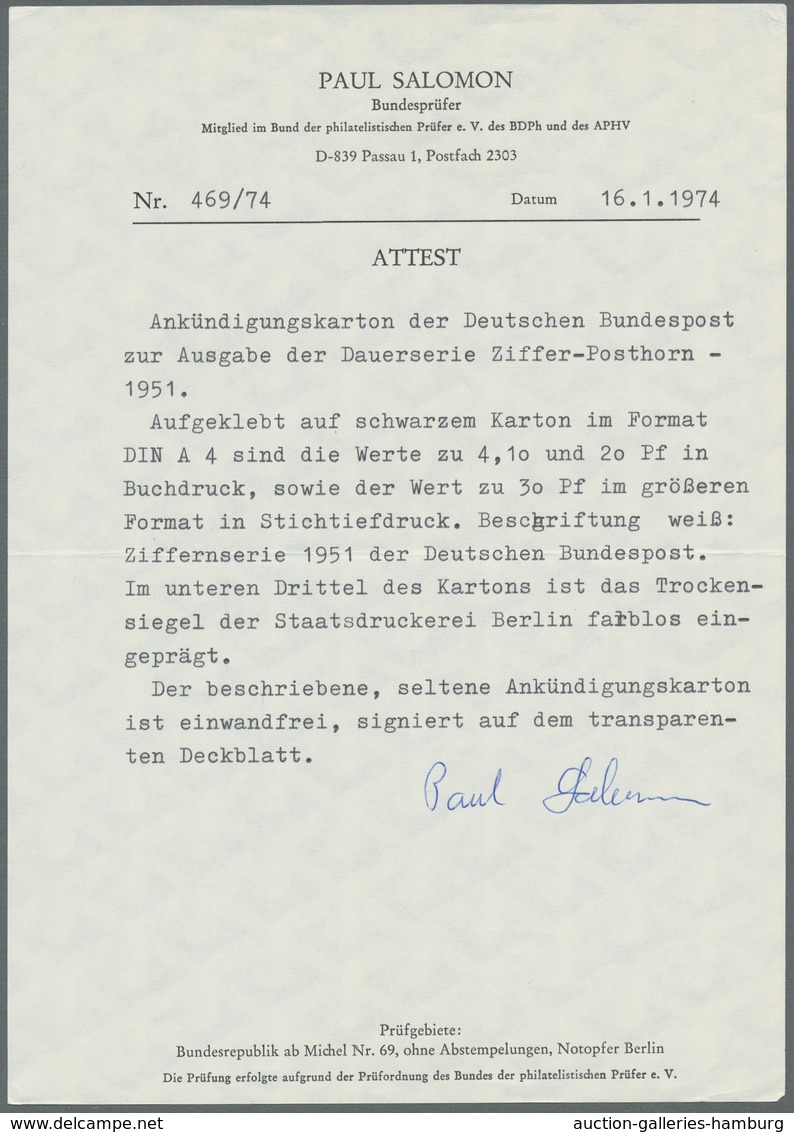 Bundesrepublik Deutschland: 1951, "Posthorn Ankündigungskarton 2" Mit Aufgeklebten Werten Zu 4, 10, - Sonstige & Ohne Zuordnung