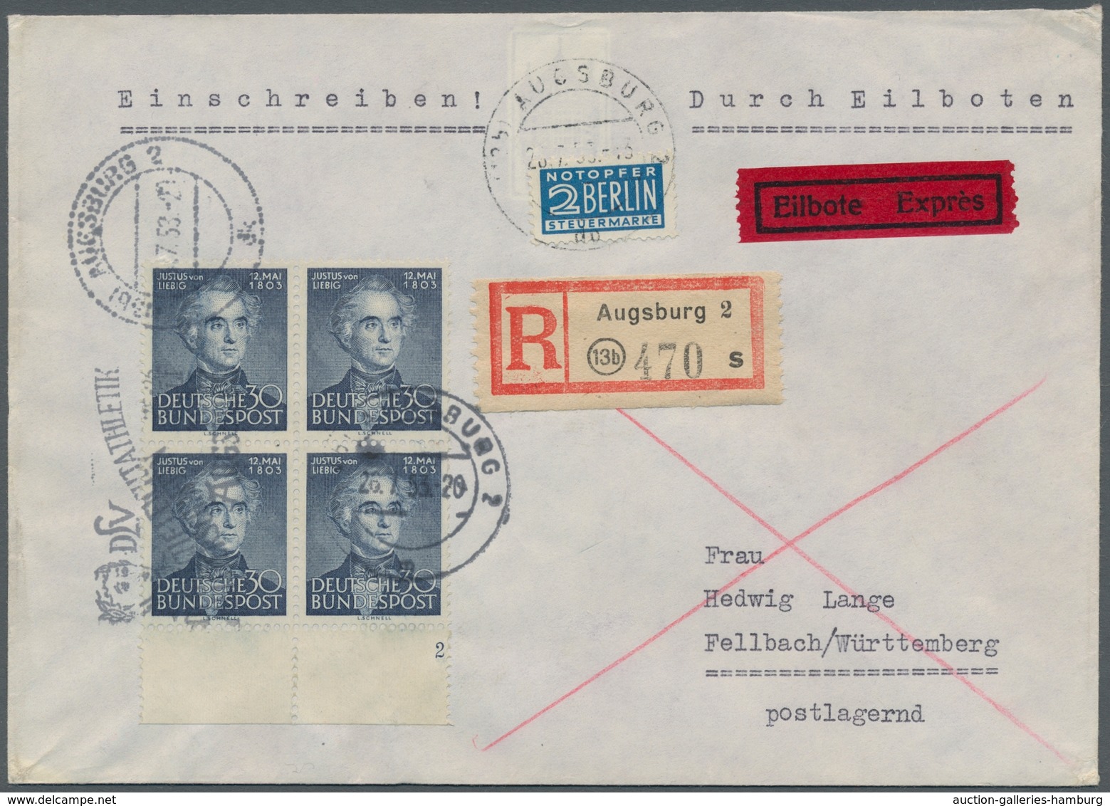 Bundesrepublik Deutschland: 1951, "Liebig", Unterrandviererblock Mit Formnummer 2 Als Portorichtige - Other & Unclassified