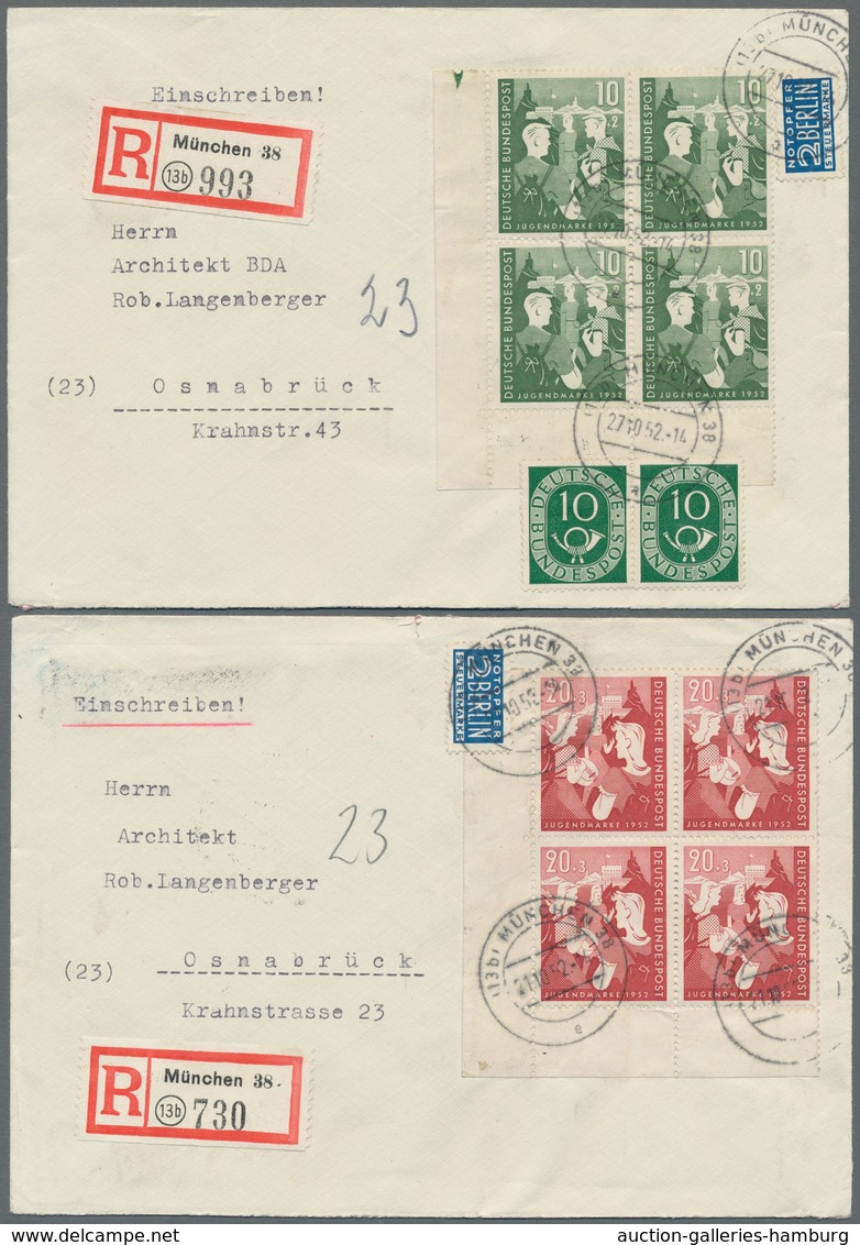 Bundesrepublik Deutschland: 1952, "Jugend", Je Als Eckrandviererblock (einmal Mit Zusatzfrankatur, P - Otros & Sin Clasificación