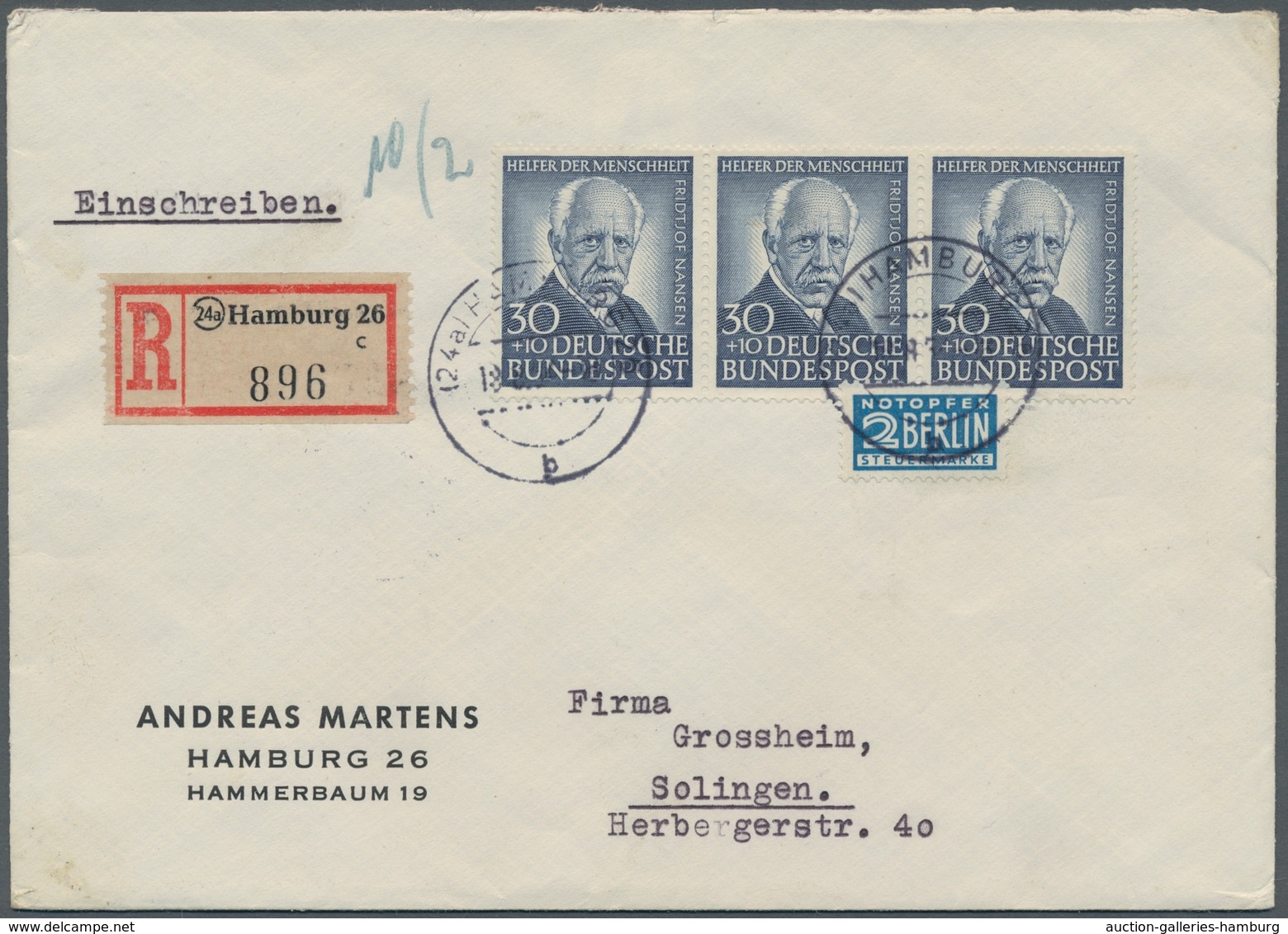 Bundesrepublik Deutschland: 1953, "30 Pfg. Nansen", Waag. Dreierstreifen Als Portorichtige MeF Auf R - Andere & Zonder Classificatie