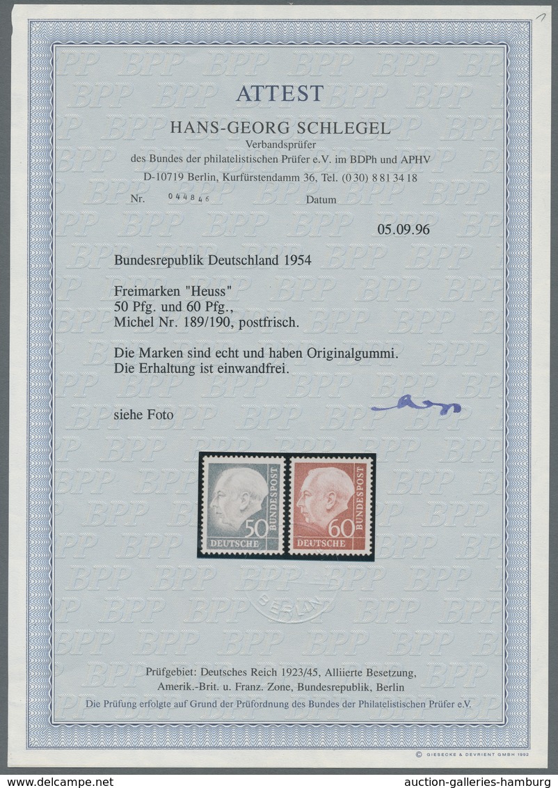 Bundesrepublik Deutschland: 1954, Heuss I, Der Komplette Satz Postfrisch Mit Fotoattest Schlegel BPP - Sonstige & Ohne Zuordnung