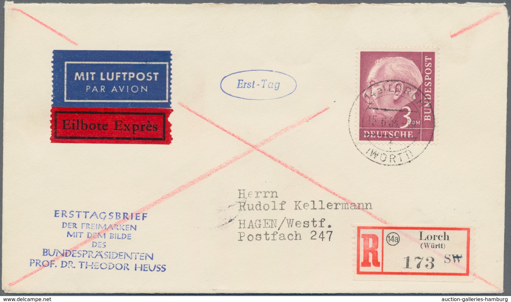 Bundesrepublik Deutschland: 1954. Heuss 3 DM Als EF Auf Eilboten-R-Lp-FDC-Brief "Lorch 15.6.54" Nach - Sonstige & Ohne Zuordnung