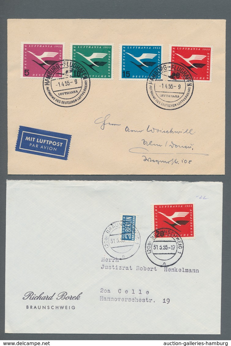 Bundesrepublik Deutschland: 1955, "Lufthansa", kleine Zusammenstellung von sieben frankierten Belege