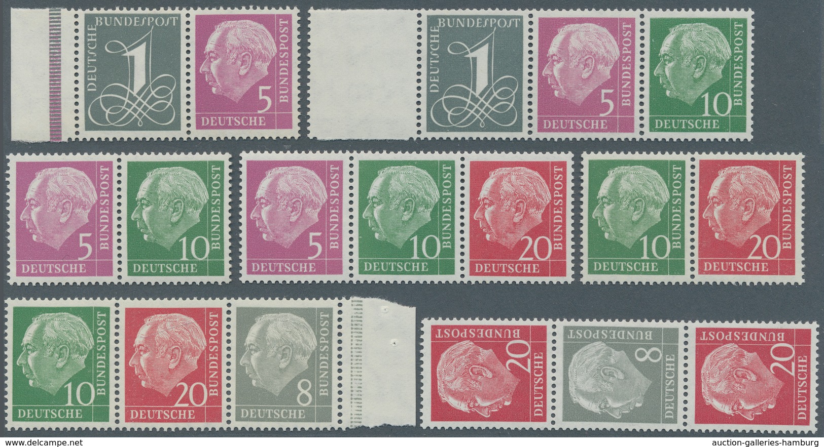 Bundesrepublik - Zusammendrucke: 1958/1960, Heuss Liegendes Wasserzeichen 15 Werte Komplett, Postfri - Zusammendrucke