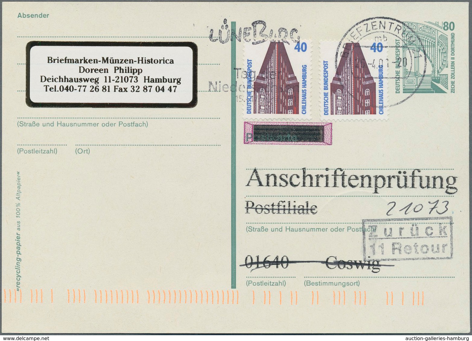 Bundesrepublik - Ganzsachen: 1993, 80 Pf. Sehenswürdigkeiten, Fehlende Farbe Grau Und Fehlender Leuc - Otros & Sin Clasificación