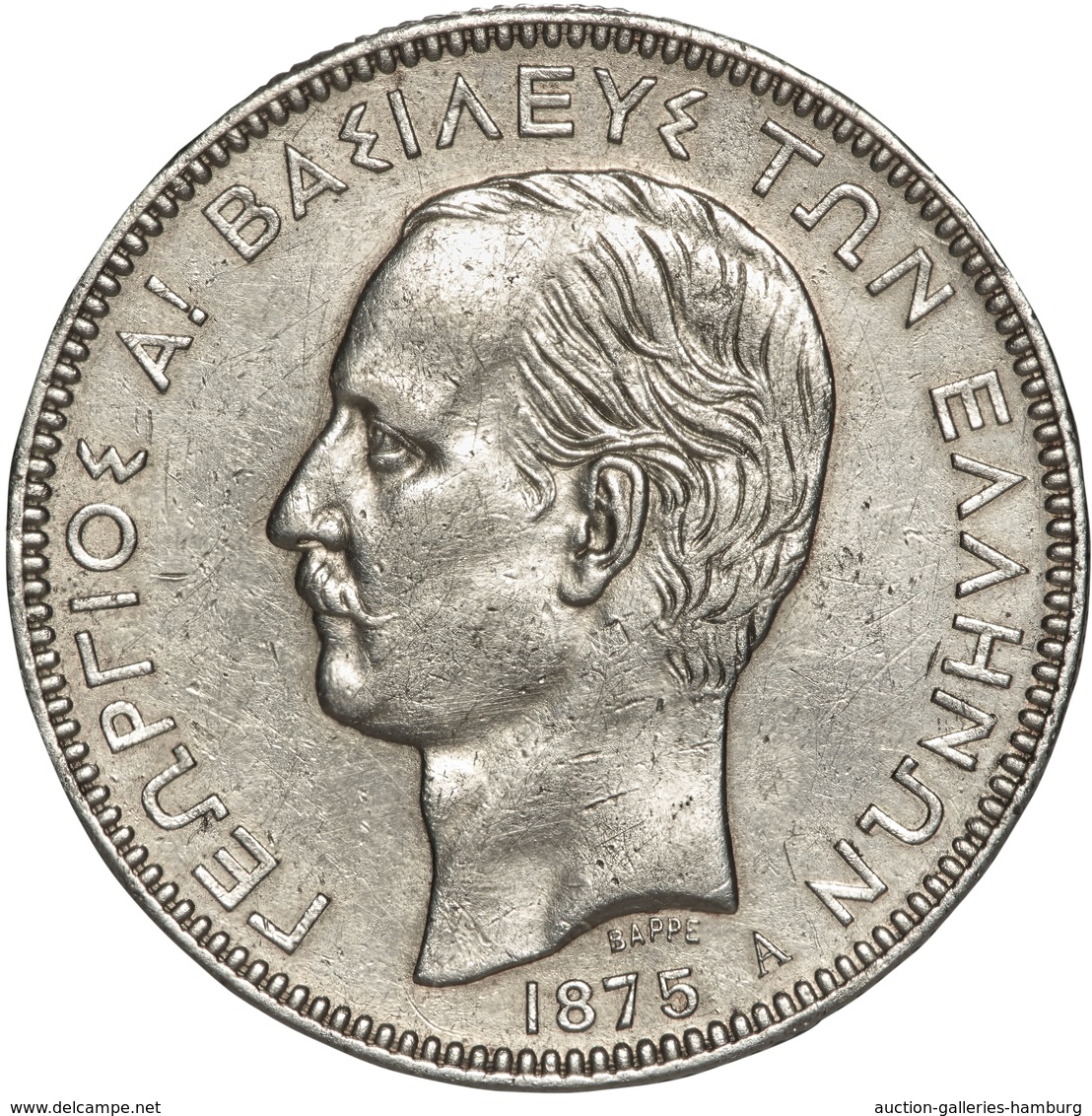 Griechenland: 1875, "Georg I." 5,- Drachmen In 900er Silber In Sehr Schöner Bis Vorzüglicher Erhaltu - Grecia