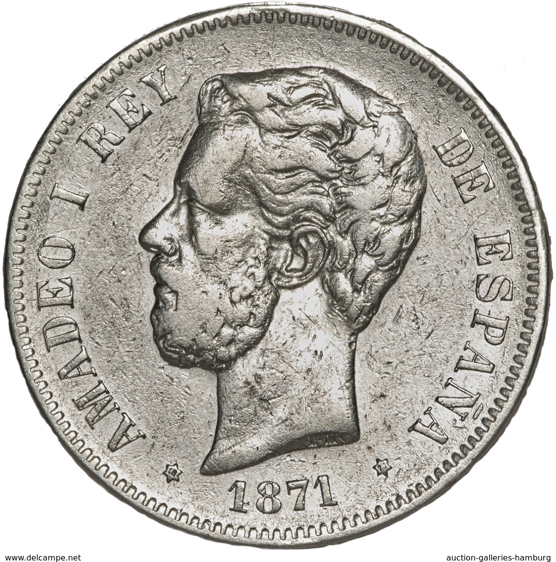 Spanien: 1871, "Amadeo I." 5,- Peseten In 900er Silber In Sehr Schöner Erhaltung. - Sonstige & Ohne Zuordnung