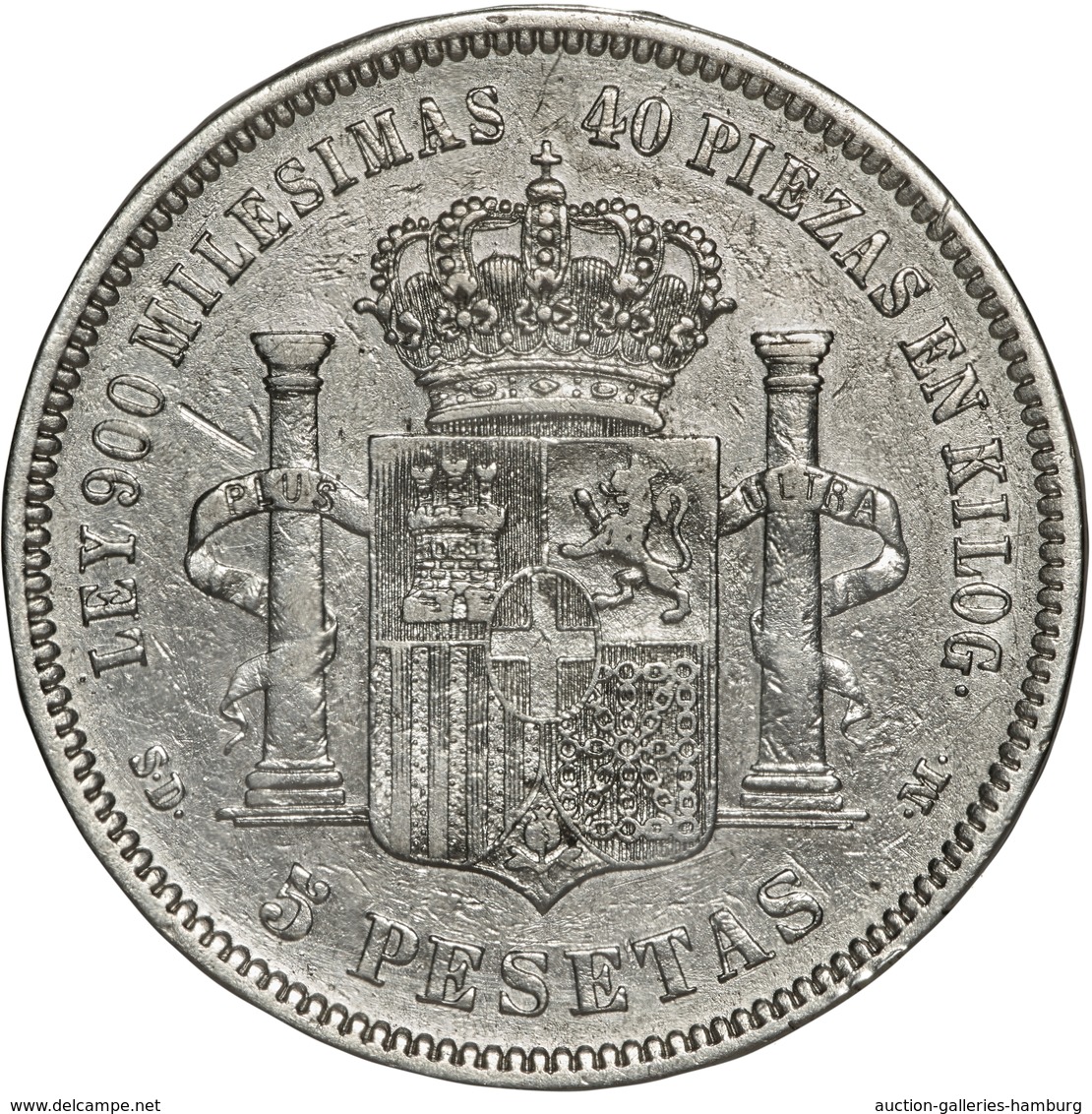 Spanien: 1871, "Amadeo I." 5,- Peseten In 900er Silber In Sehr Schöner Erhaltung. - Sonstige & Ohne Zuordnung