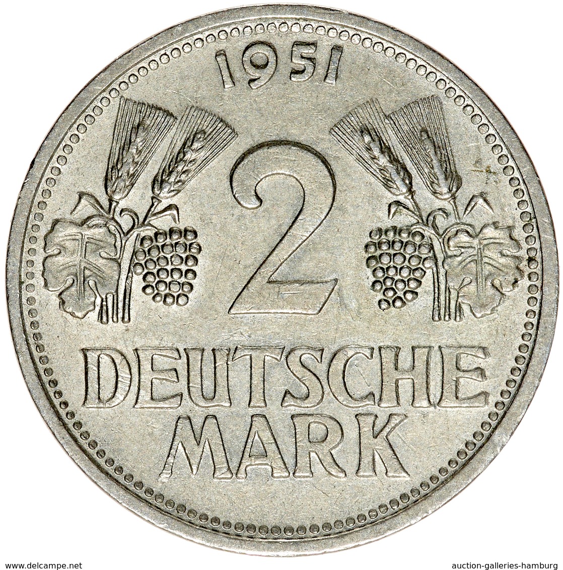 Bundesrepublik Deutschland 1948-2001: 1951, 2 Mark Kursmünze aus den Prägestätten D, F, G und J. Die