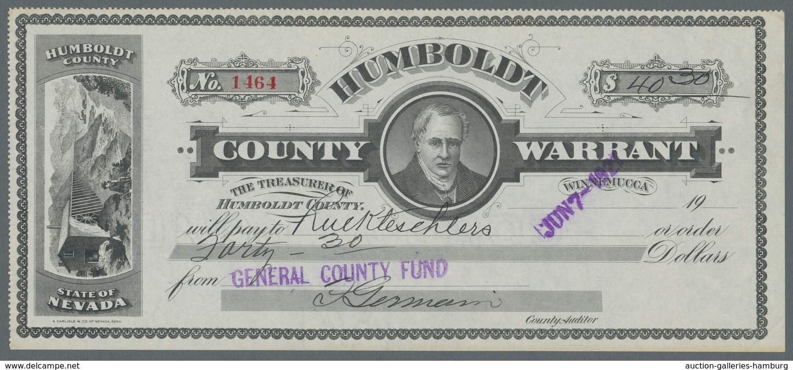 United States Of America: 1920, "Humboldt County/Nevada" Scheck über 40,30 Dollar In Sehr Guter Erha - Sonstige & Ohne Zuordnung