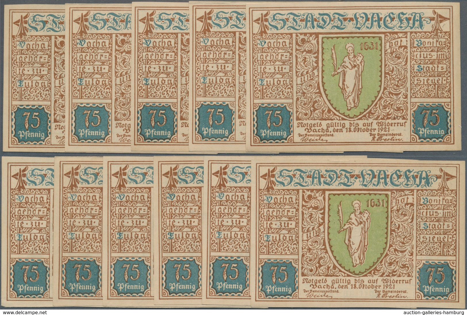 Deutschland - Notgeld - Thüringen: Vacha, Stadt, 11 X 75 Pf., 18.10.1921, Musterscheine Ohne Serien - Lokale Ausgaben