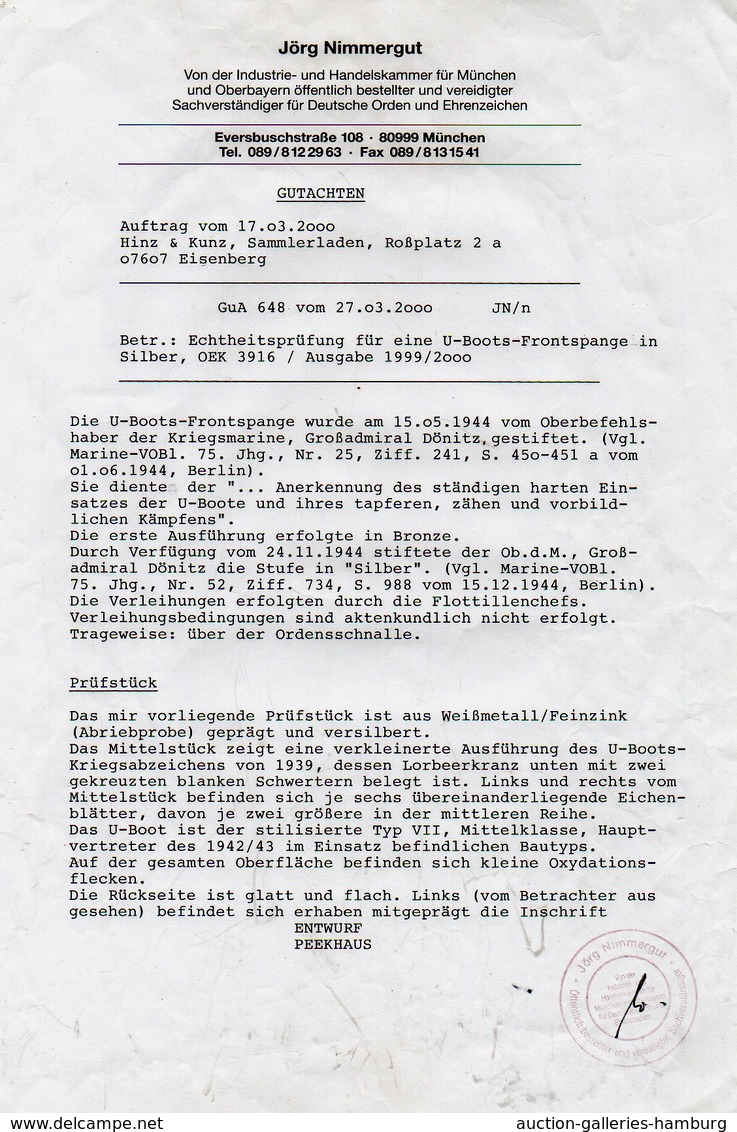 Orden & Ehrenzeichen: 3.REICH; 1944-1945, "U-Boots-Frontspange" In Silber (versilbertes Weißmetall) - Otros & Sin Clasificación