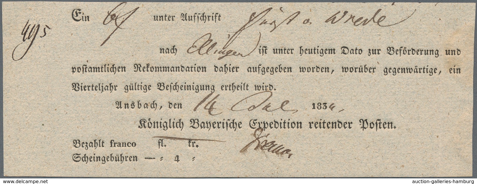 Bayern - Vorphilatelie: 1814/1850 (ca.), Lot Von Ca. 59 Postscheinen Ansbach, Reitende Und Fahrende - Prefilatelia