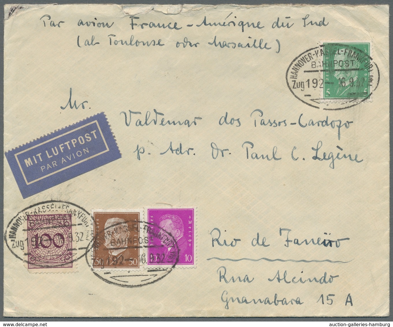 Deutsches Reich: 1932-1938, Bestand von 9 Luftpostbriefen welche alle nach Brasilien gelaufen sind m