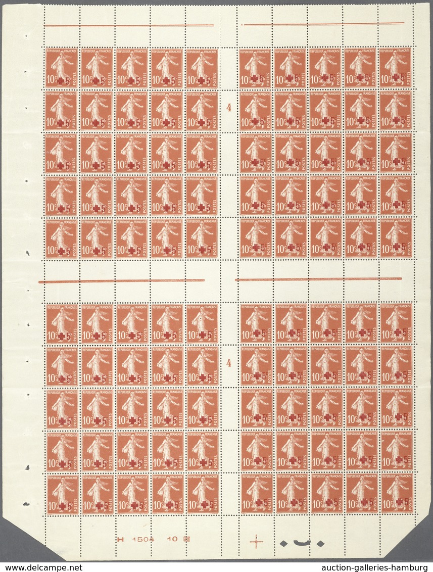 Frankreich: 1914, Red Cross, Semeuse 10c.+5c. Red, Cross Gutter Pane Of 100 Stamps With Millesime "4 - Otros & Sin Clasificación