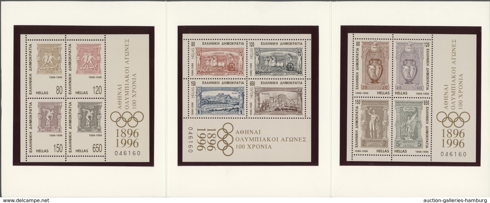Griechenland: 1996, 100 Years Of Modern Olympic Games, Three Souvenir Sheets MNH In A Souvenir Folde - Briefe U. Dokumente