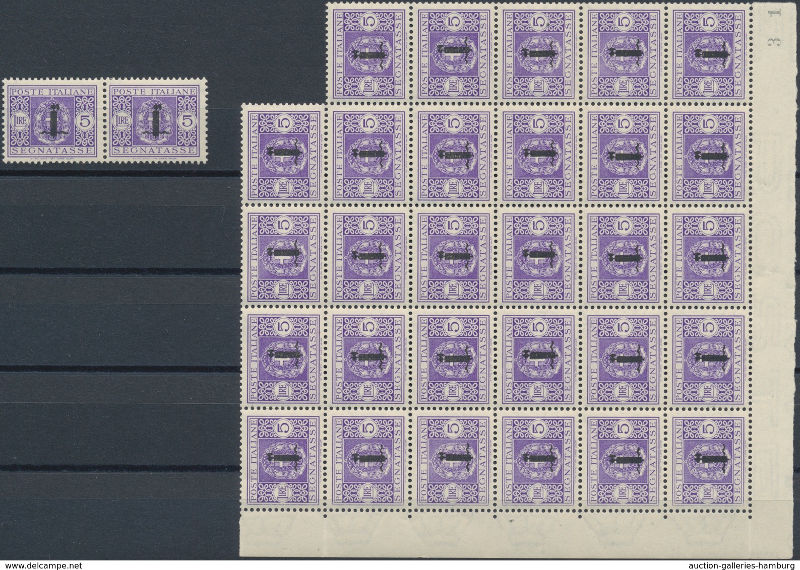 Italien: 1944, Republika Sociale "G.N.R." Issue 5 Lire Violet 31 Stamps Mint Never Hinged Large Bloc - Non Classés