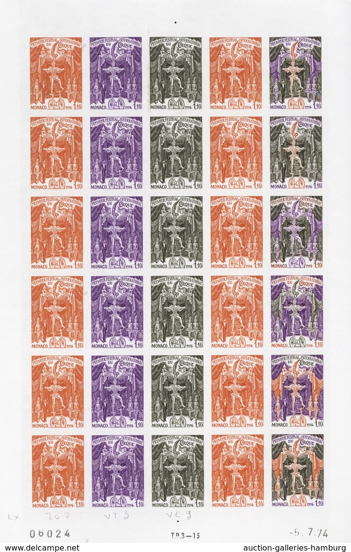 Monaco: 1973/1977, IMPERFORATE COLOUR PROOFS, MNH collection of 38 complete sheets (=1.040 proofs),